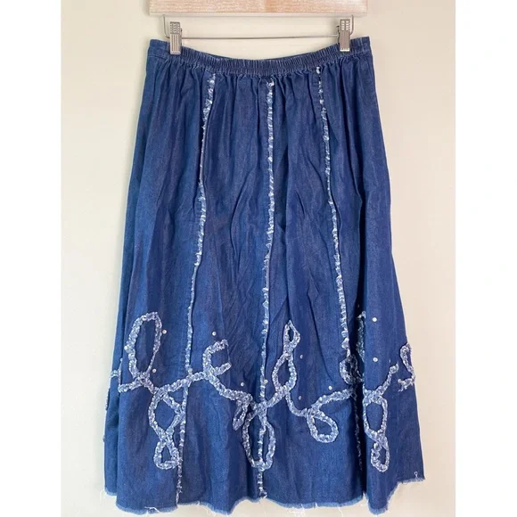 Reba Womens Denim Midi Skirt M Cowgirl Boho Festival Studded Pull On Cottagecore - Picture 5 of 9